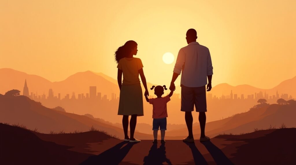 Une maman et un papa camerounais tiennent tendrement la main de leur fille, se promenant dans un jardin fleuri, sous un ciel crépusculaire, avec des collines verdoyantes et les forêts denses de la région en arrière-plan.