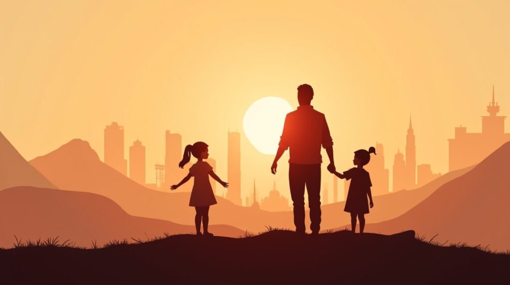 Une maman et un papa chinois tiennent tendrement la main de leur fille, se promenant dans un jardin fleuri sous un ciel crépusculaire, avec les montagnes imposantes et les forêts de bambous à l’horizon.