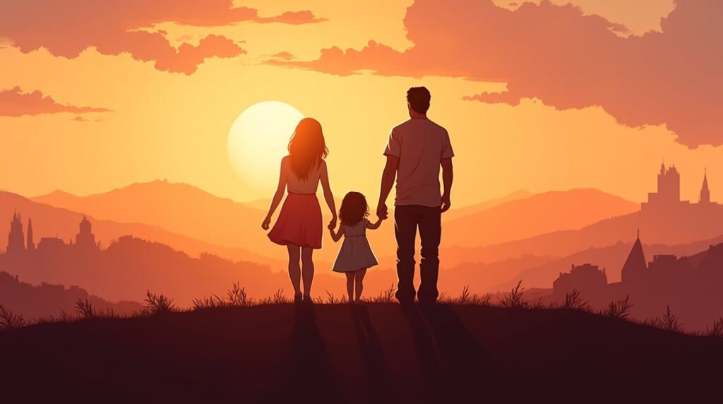 Une maman et un papa anglais tiennent tendrement la main de leur fille, se promenant dans un jardin fleuri, sous un ciel crépusculaire avec des collines et des forêts luxuriantes en arrière-plan.