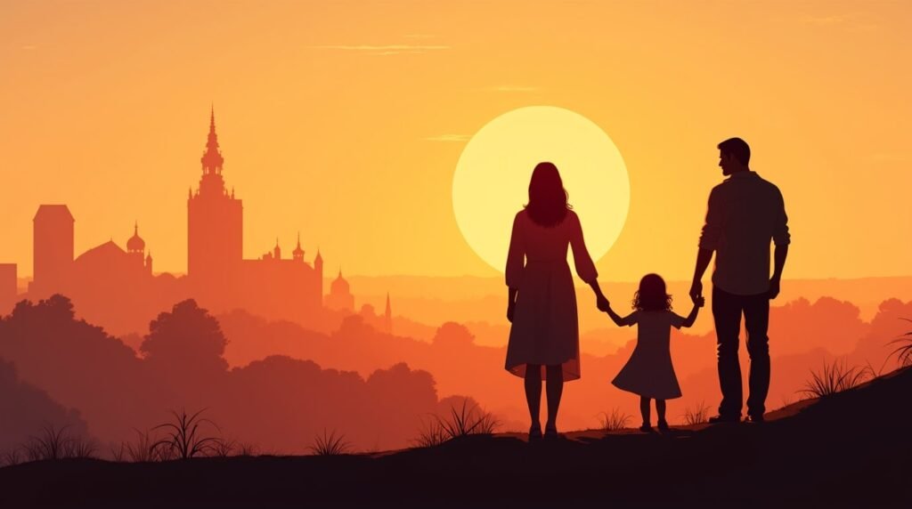 Une maman et un papa alsaciens tiennent tendrement la main de leur fille, se promenant dans un jardin fleuri, sous un ciel crépusculaire, avec les collines et les forêts verdoyantes de l'Alsace en arrière-plan.