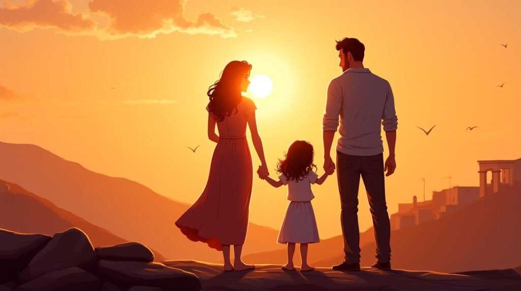 Une maman et un papa grecs tiennent tendrement la main de leur fille, se promenant dans un jardin fleuri sous un ciel aux teintes dorées du coucher du soleil, avec des collines verdoyantes et des oliveraies en arrière-plan.