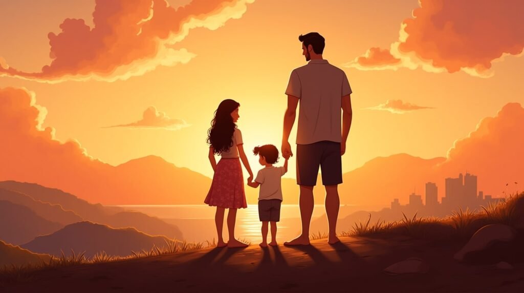 Une maman et un papa tahitiens tiennent tendrement la main de leur fille, se promenant dans un jardin tropical sous un ciel aux teintes crépusculaires, avec des collines verdoyantes et des forêts de palmiers en arrière-plan.