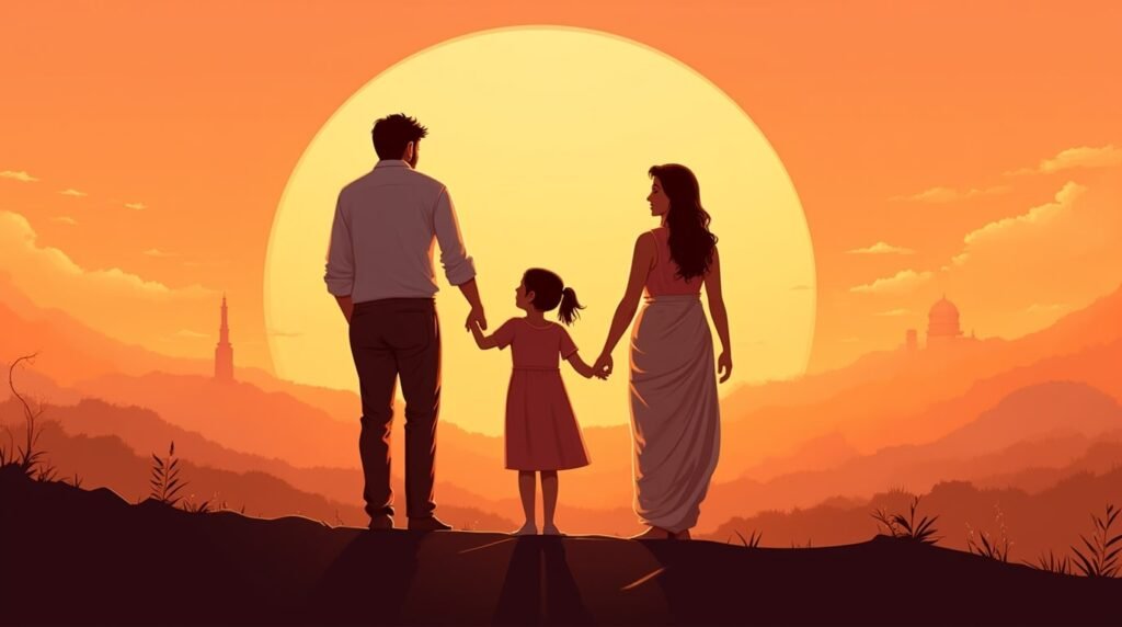 Une maman et un papa indiens tiennent tendrement la main de leur fille, se promenant dans un jardin fleuri sous un ciel crépusculaire, avec des champs dorés et des forêts luxuriantes en arrière-plan.