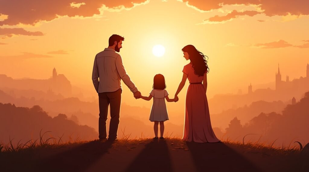 Une maman et un papa irlandais tiennent tendrement la main de leur fille, se promenant dans un jardin fleuri sous un ciel crépusculaire, avec les collines verdoyantes et les forêts denses de l'Irlande en arrière-plan.