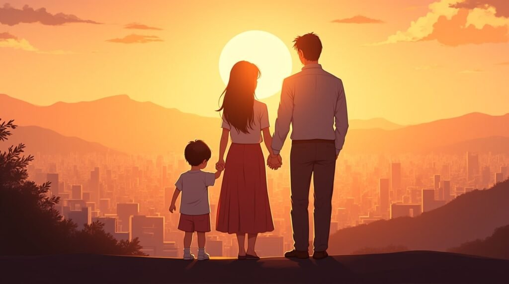 Une maman et un papa japonais tiennent tendrement la main de leur fille, se promenant dans un jardin de cerisiers en fleurs, sous un ciel crépusculaire avec des montagnes majestueuses et des forêts de bambous en arrière-plan.