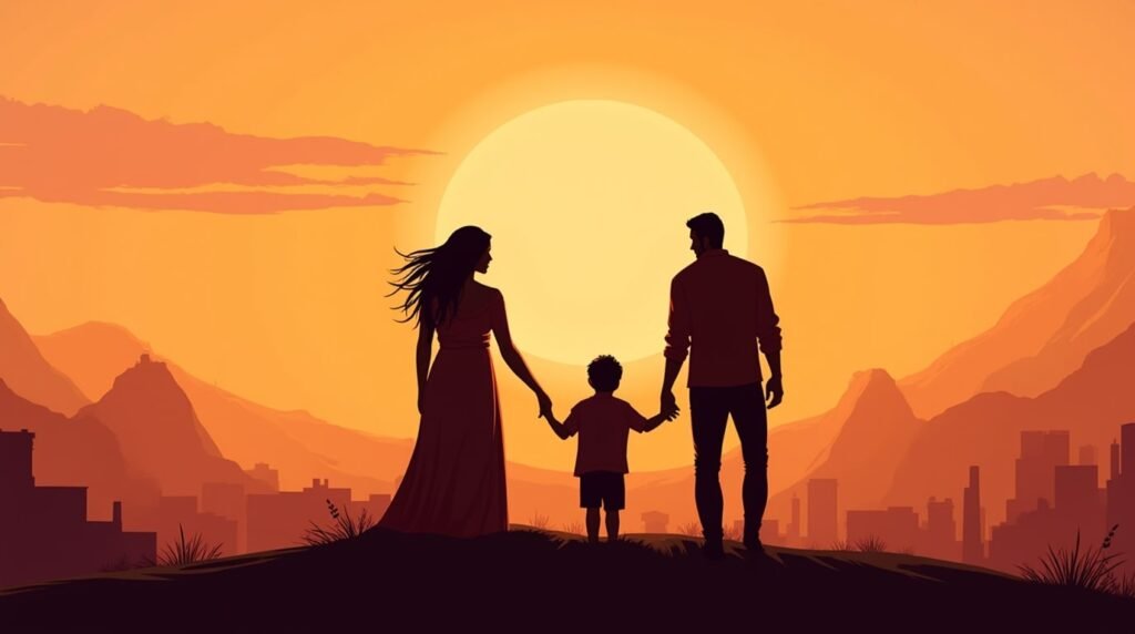 Un couple amérindien marche main dans la main avec leur petit garçon sur une colline verdoyante, offrant une vue imprenable sur les montagnes et les prairies sauvages.
