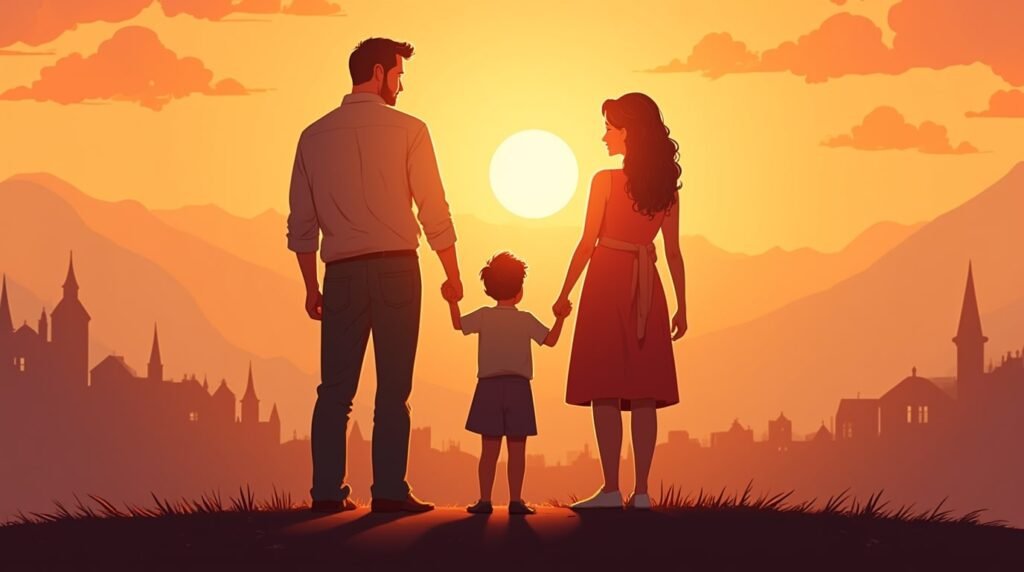 Une maman et un papa scandinaves tiennent tendrement la main de leur fille, se promenant dans un jardin fleuri sous un ciel crépusculaire aux teintes froides, avec des collines verdoyantes et des forêts de pins en arrière-plan.