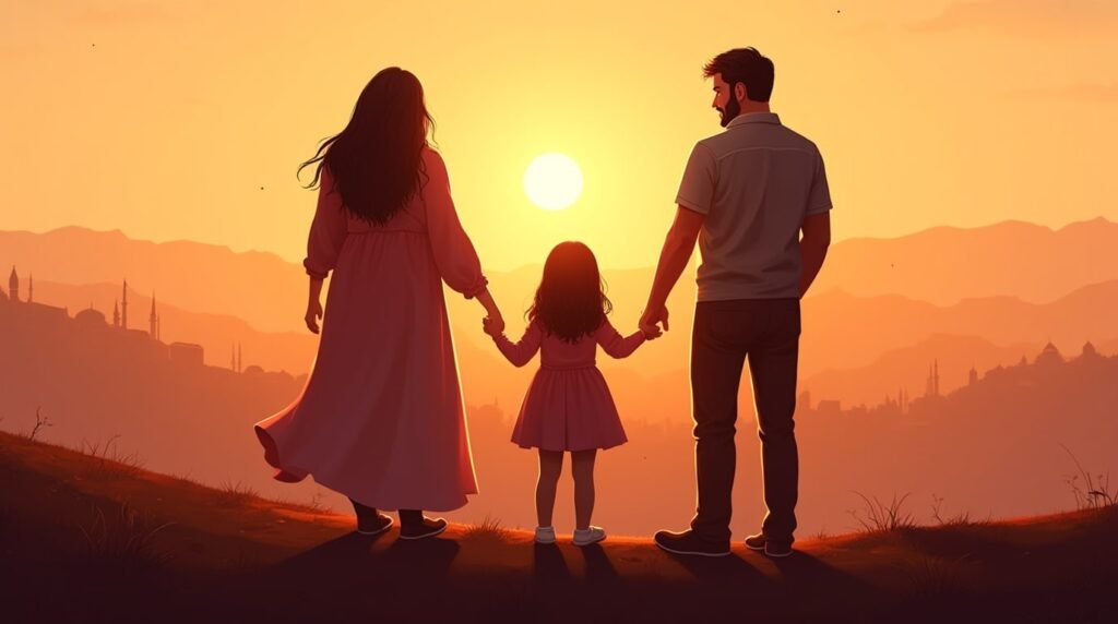 Une maman et un papa turcs tiennent tendrement la main de leur fille, se promenant dans un jardin de tulipes colorées sous un ciel crépusculaire, avec des collines verdoyantes et des forêts d’oliviers en arrière-plan.