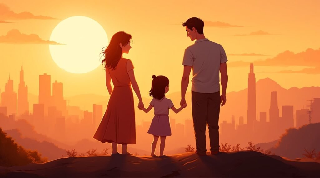 Une maman et un papa vietnamiens tiennent tendrement la main de leur fille, se promenant dans un jardin de lotus sous un ciel crépusculaire, avec des collines verdoyantes et des forêts de bambous en arrière-plan.