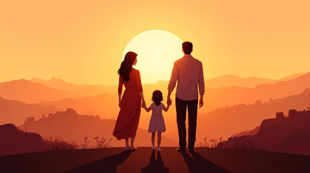 Une maman et un papa marocains tiennent tendrement la main de leur fille, se promenant dans un jardin parfumé sous un ciel crépusculaire aux teintes chaudes, avec des collines verdoyantes et des oliveraies en arrière-plan.