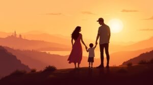 Un couple espagnol marche main dans la main avec leur petit garçon sur une colline, offrant une vue imprenable sur les paysages variés de l'Espagne.
