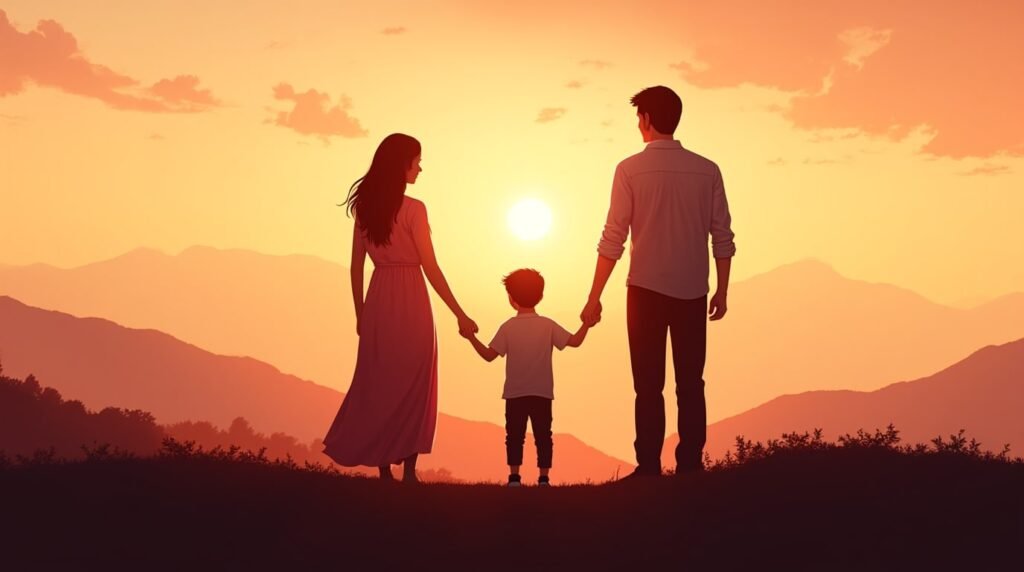 Un couple coréen marche main dans la main avec leur petit garçon sur une colline verdoyante, offrant une vue imprenable sur les montagnes et les rizières en terrasses.