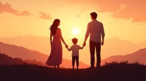 Un couple coréen marche main dans la main avec leur petit garçon sur une colline verdoyante, offrant une vue imprenable sur les montagnes et les rizières en terrasses.