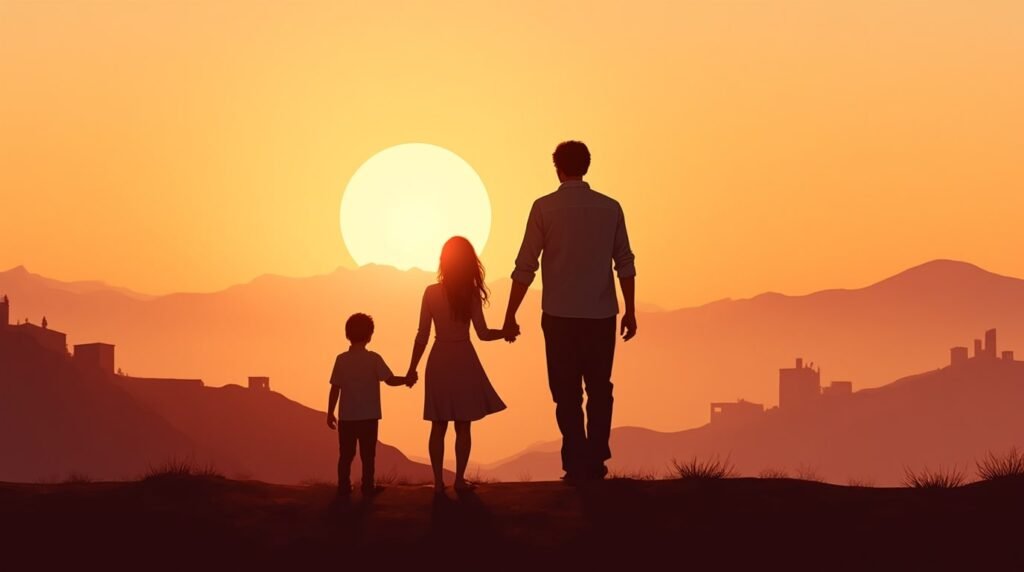 Une maman et un papa arabes tiennent tendrement la main de leur fille, en se promenant dans un jardin fleuri, sous un ciel crépusculaire avec des collines et des forêts luxuriantes en arrière-plan.