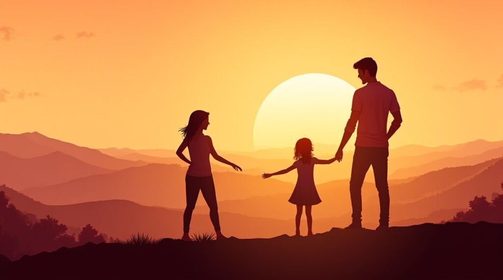 Une maman et un papa espagnols tiennent tendrement la main de leur fille, se promenant dans un jardin fleuri sous un ciel crépusculaire aux teintes chaudes, avec des collines verdoyantes et des champs d'oliviers en arrière-plan.