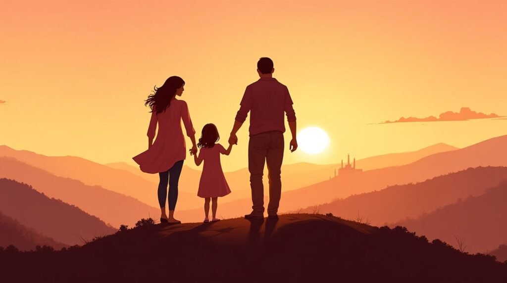 Une maman et un papa portugais tiennent tendrement la main de leur fille, se promenant dans un jardin fleuri sous un ciel crépusculaire aux teintes chaudes, avec des collines verdoyantes et des forêts de pins en arrière-plan.
