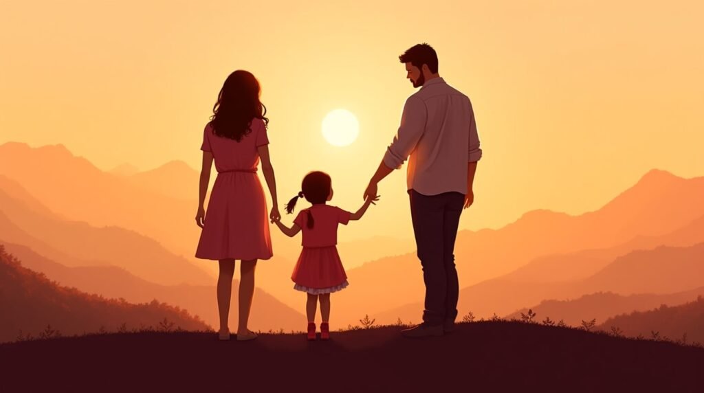 Une maman et un papa coréens tiennent tendrement la main de leur fille, se promenant dans un jardin fleuri sous un ciel crépusculaire, avec les montagnes coréennes et les forêts de pins à l’horizon.