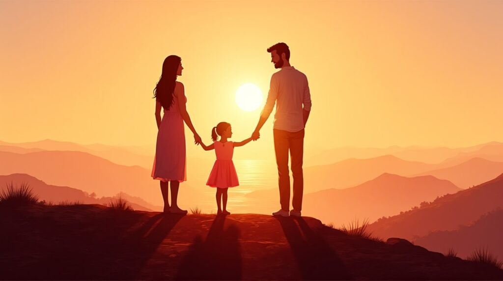 Une maman et un papa corses tiennent tendrement la main de leur fille, se promenant dans un jardin fleuri, sous un ciel crépusculaire, avec les collines corses et les forêts de pins en arrière-plan.