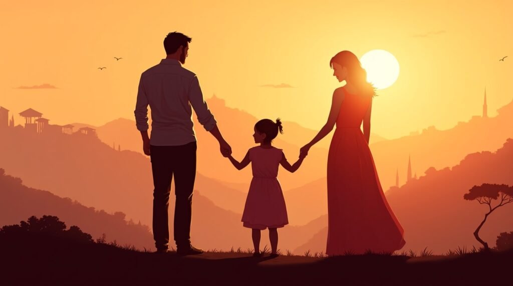 Une maman et un papa italiens tiennent tendrement la main de leur fille, se promenant dans un jardin fleuri, sous un ciel crépusculaire, avec les collines verdoyantes et les oliveraies de la campagne italienne en arrière-plan.