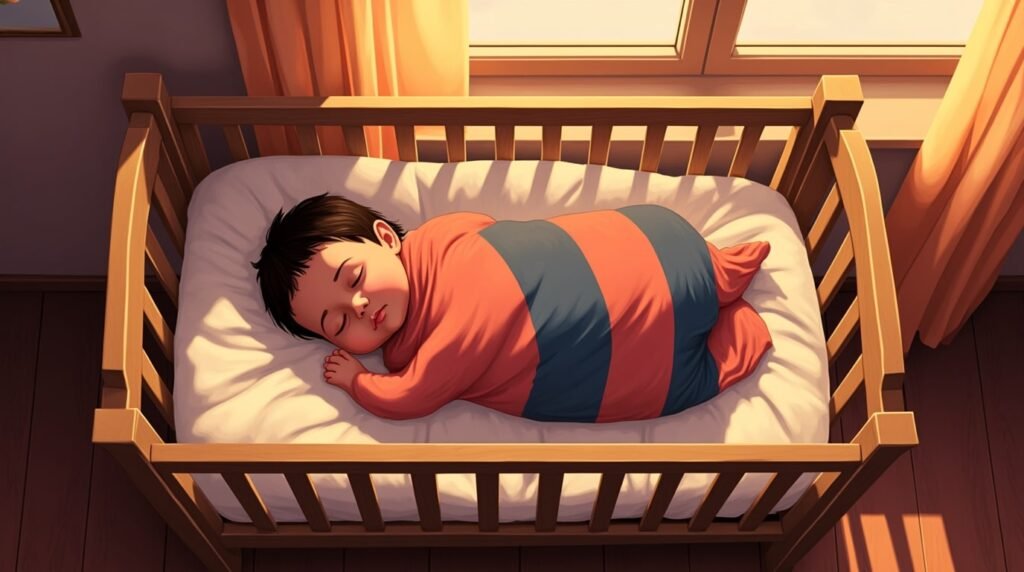 Un bébé amérindien dort paisiblement dans un berceau en bois sculpté, enveloppé dans une couverture aux motifs traditionnels amérindiens et aux teintes naturelles.