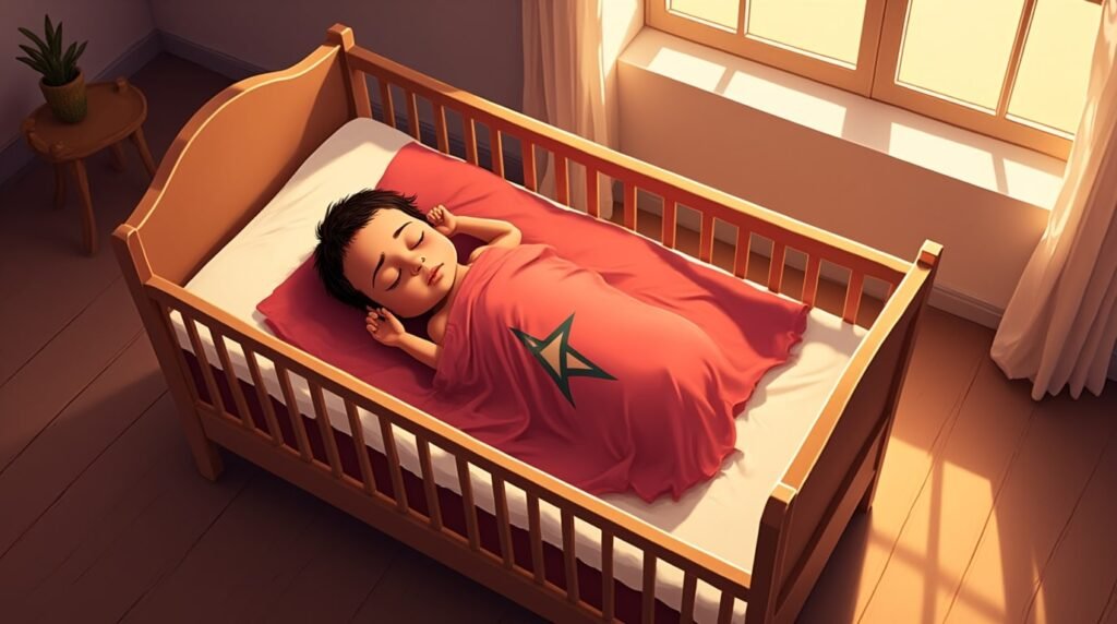 Un bébé marocain dort profondément dans un berceau traditionnel en bois, recouvert d’une couverture aux motifs inspirés des tapis amazighs.