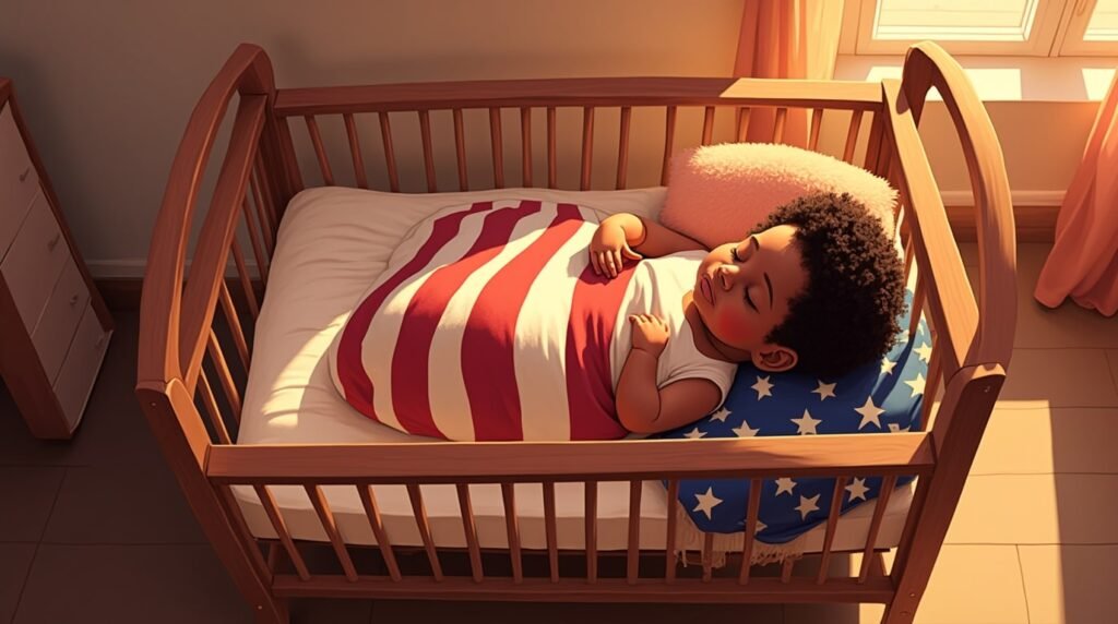 Un bébé afro-américain dort paisiblement dans un berceau en bois sculpté, enveloppé dans une couverture aux motifs traditionnels et aux teintes apaisantes.