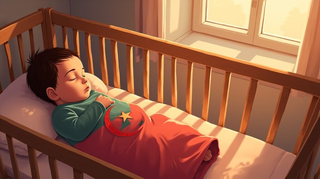 Un bébé algérien dort paisiblement dans un berceau en bois sculpté, enveloppé dans une couverture aux motifs traditionnels algériens et aux teintes apaisantes.
