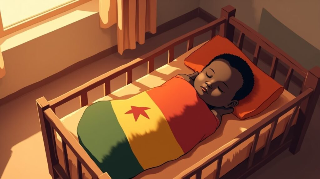 Un bébé africain dort paisiblement dans un berceau en bois sculpté, enveloppé dans une couverture aux motifs ethniques et aux teintes apaisantes.