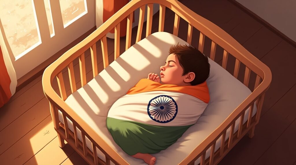 Un bébé indien repose paisiblement dans un berceau en bois sculpté, enveloppé dans une couverture aux motifs traditionnels indiens et aux teintes douces et apaisantes.