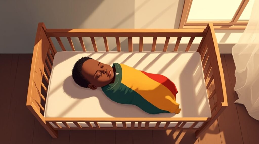 Un bébé camerounais repose paisiblement dans un berceau en bois sculpté, enveloppé dans une couverture aux motifs traditionnels camerounais et aux teintes douces et apaisantes.