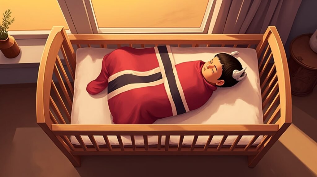 Un bébé viking dort paisiblement dans un berceau en bois sculpté, enveloppé dans une couverture aux motifs traditionnels nordiques et aux teintes sombres.