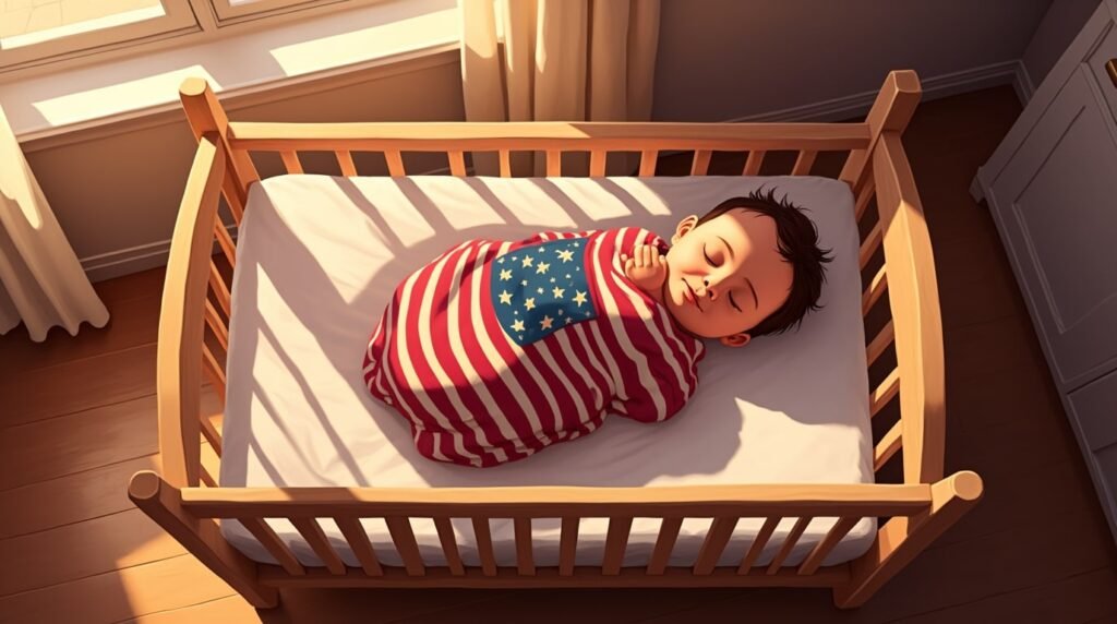 Un bébé américain repose paisiblement dans un berceau en bois sculpté, enveloppé dans une couverture à motifs traditionnels américains et aux teintes apaisantes.
