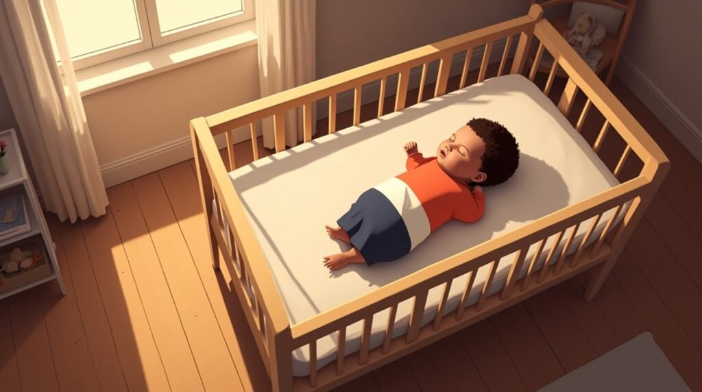 Un bébé basque dort paisiblement dans un berceau en bois sculpté, enveloppé dans une couverture aux motifs traditionnels basques et aux teintes douces.