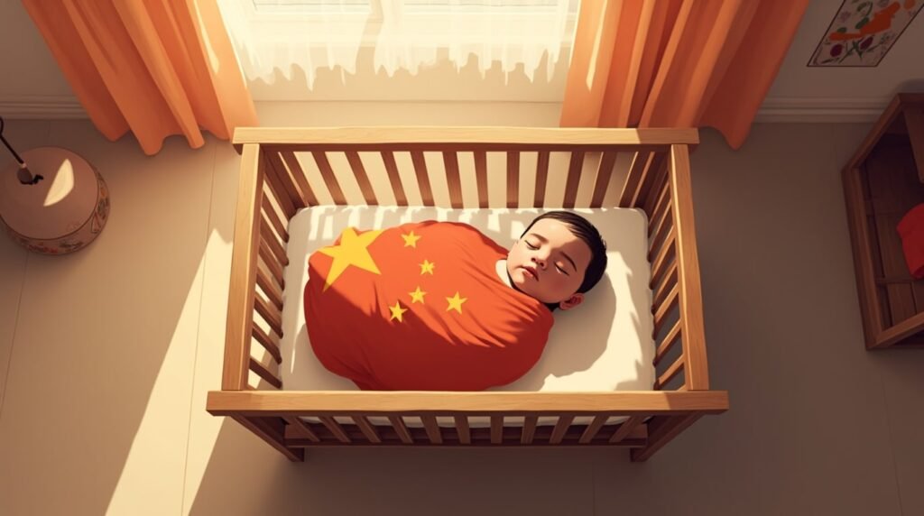 Un bébé chinois dort paisiblement dans un berceau en bois sculpté, enveloppé dans une couverture aux motifs traditionnels chinois et aux teintes douces.