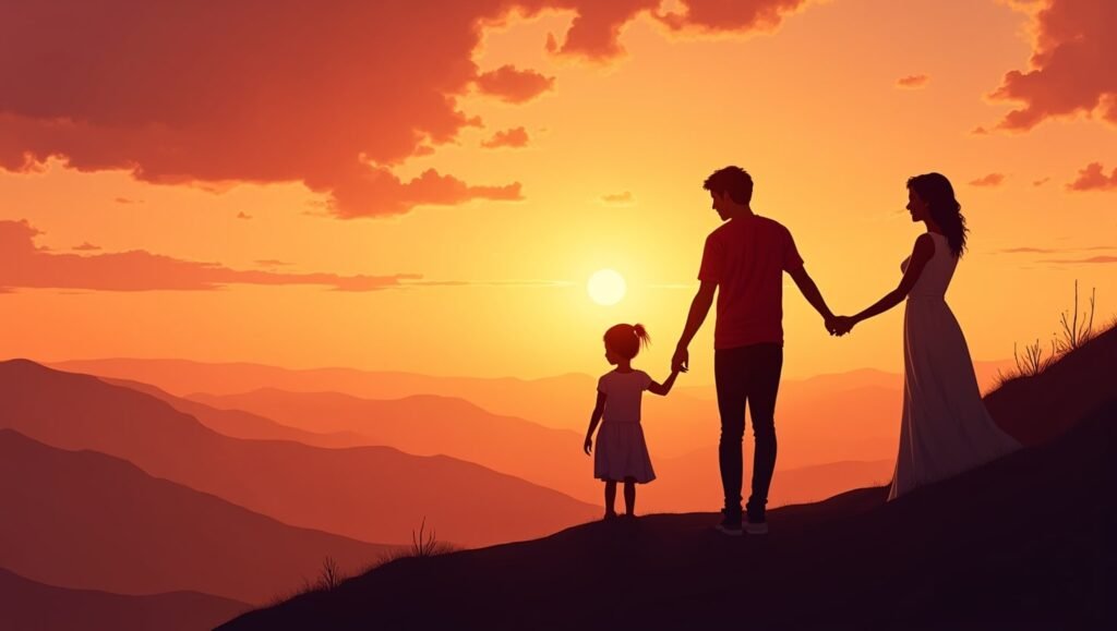 Une maman et un papa thaïlandais tiennent tendrement la main de leur fille, se promenant dans un jardin fleuri sous un ciel crépusculaire, avec des collines verdoyantes et des forêts de bambous en arrière-plan.