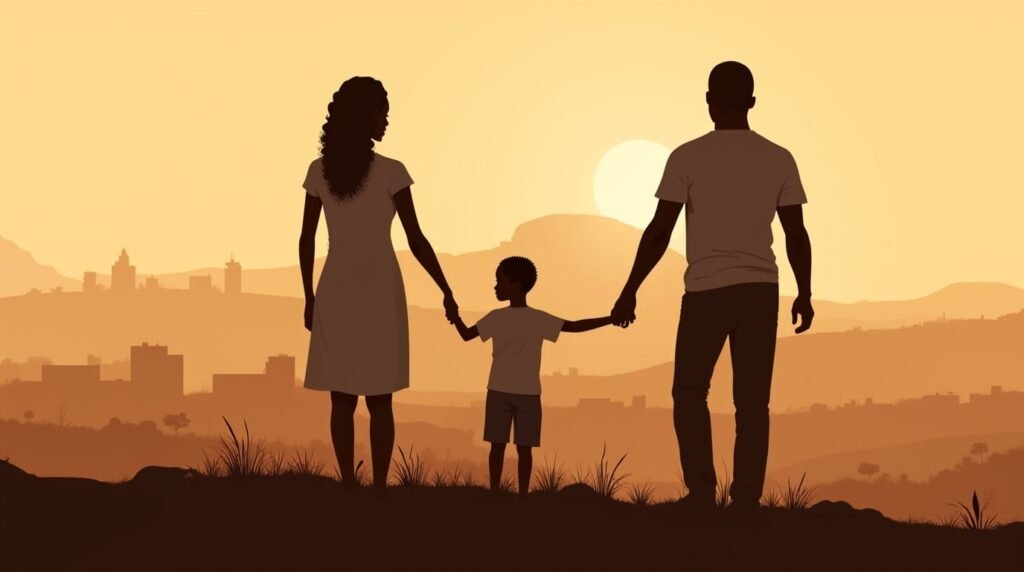 Un couple ivoirien marche main dans la main avec leur petit garçon sur une colline verdoyante, offrant une vue magnifique sur les rizières en terrasse et les montagnes majestueuses de la Côte d'Ivoire.