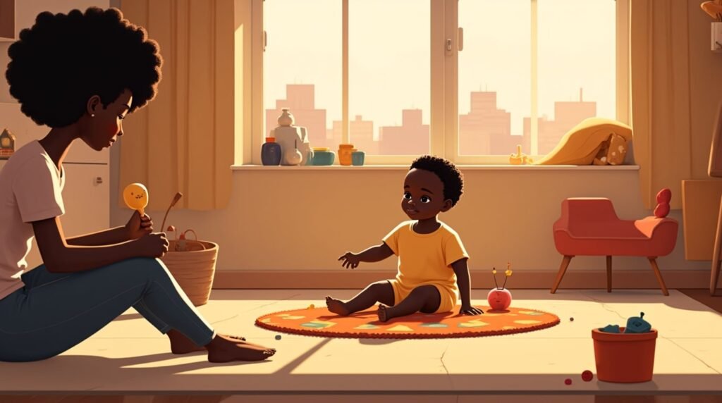 Allongé sur un tapis coloré décoré de symboles wolofs, un bébé sénégalais s’amuse avec des jouets en bois sculptés à la main : petits lions, balafons miniatures et coussins en wax brodés de signes traditionnels.