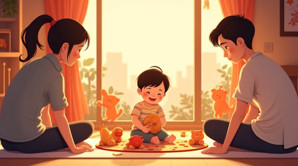 Allongé sur un tapis aux motifs d’anciens contes vietnamiens, un bébé s’amuse avec des jouets artisanaux en bois : buffles miniatures, dragons stylisés et tambourins colorés.