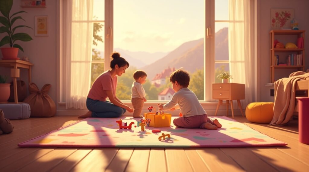 Étendu sur un tapis en laine tissée aux couleurs vives, un bébé autrichien joue avec des jouets artisanaux : petits cerfs en bois, harmonicas miniatures et coussins brodés de motifs alpins.