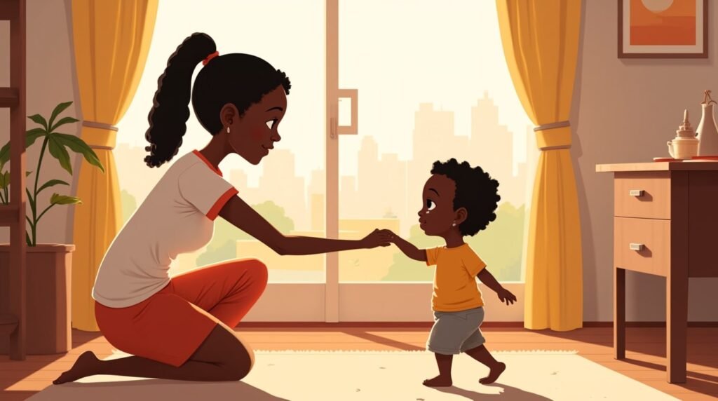Dans un salon ouvert sur un jardin tropical, baigné par la lumière dorée du soir, un bébé sénégalais marche à petits pas vers sa mère rayonnante, entouré de papayers, de manguiers et de chants d’oiseaux au loin.