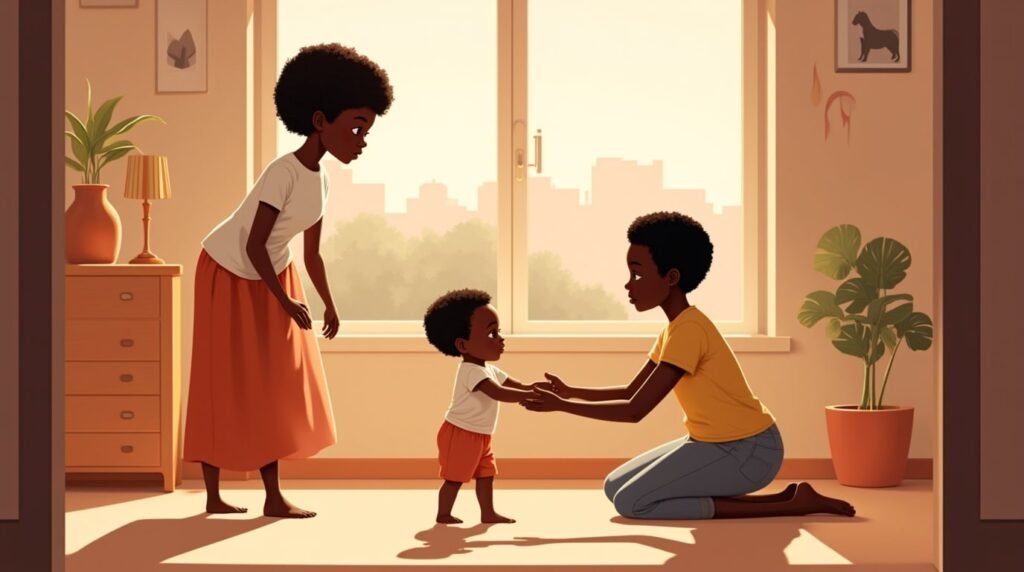 Un bébé ivoirien fait ses premiers pas hésitants vers sa maman souriante, sous une lumière douce et chaleureuse, avec vue sur les rizières et les forêts luxuriantes de la Côte d'Ivoire.