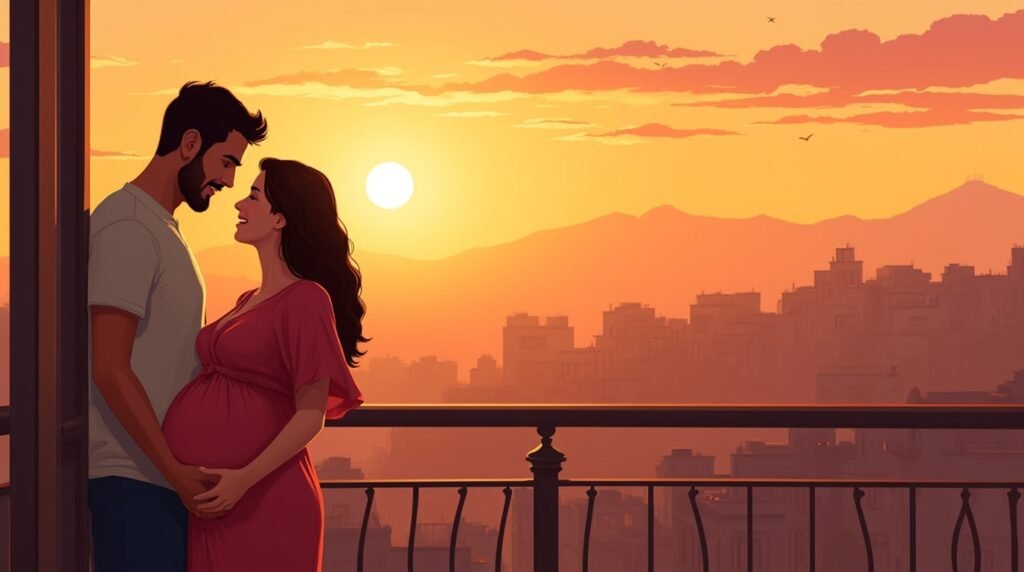 Sur une terrasse aux murs blanchis à la chaux, une future maman kabyle offre à son mari un bonnet tricoté pour bébé, le visage rayonnant d’émotion, tandis que les montagnes du Djurdjura se teintent de rose.