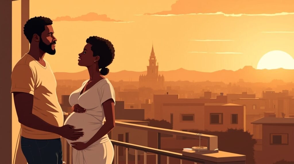 Une femme ivoirienne annonce avec une immense joie à son mari qu’elle attend un bébé, depuis une terrasse en bois, surplombant un village pittoresque et des champs de riz dorés typiques de la Côte d'Ivoire.