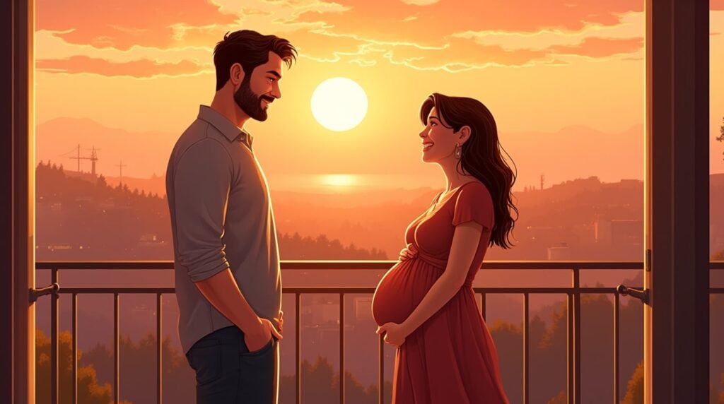 Sur une terrasse en bois peint de rouge falun, une future maman scandinave tend à son compagnon un bonnet en laine tricotée main, le regard lumineux, tandis que le soleil de minuit colore l’horizon de rose et d’or.