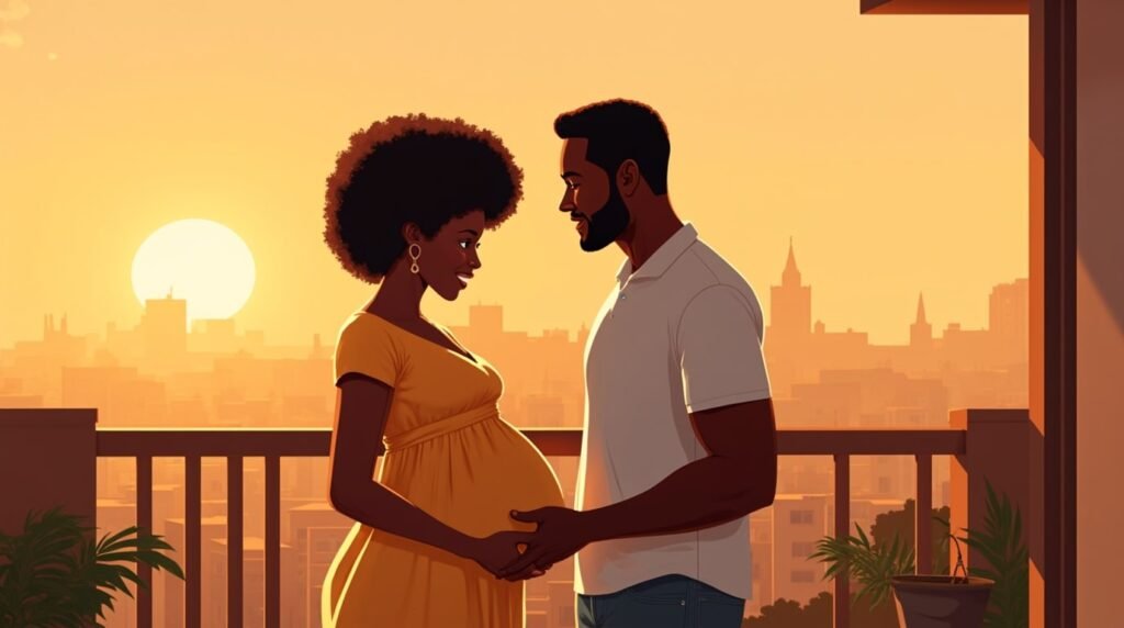Une femme sénégalaise annonce sa grossesse à son mari depuis la terrasse d’une maison colorée à Saint-Louis, surplombant des toits plats, des pêcheurs au loin et un fleuve Sénégal aux reflets cuivrés.