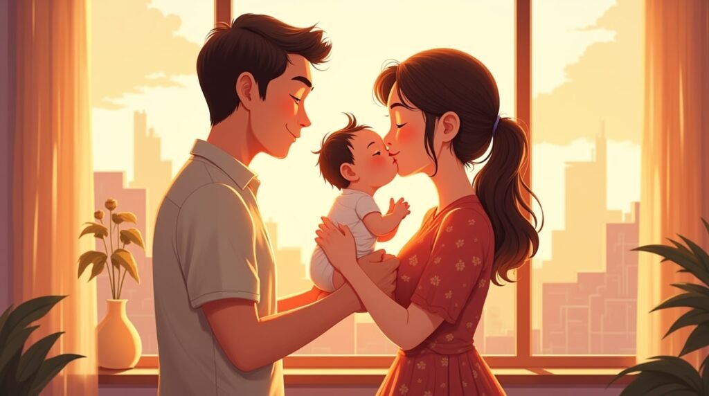 Un couple vietnamien enlace tendrement leur bébé face aux collines ondulantes de Hà Giang, où les cultures en damier rencontrent les rivières paisibles bordées de maisons sur pilotis.