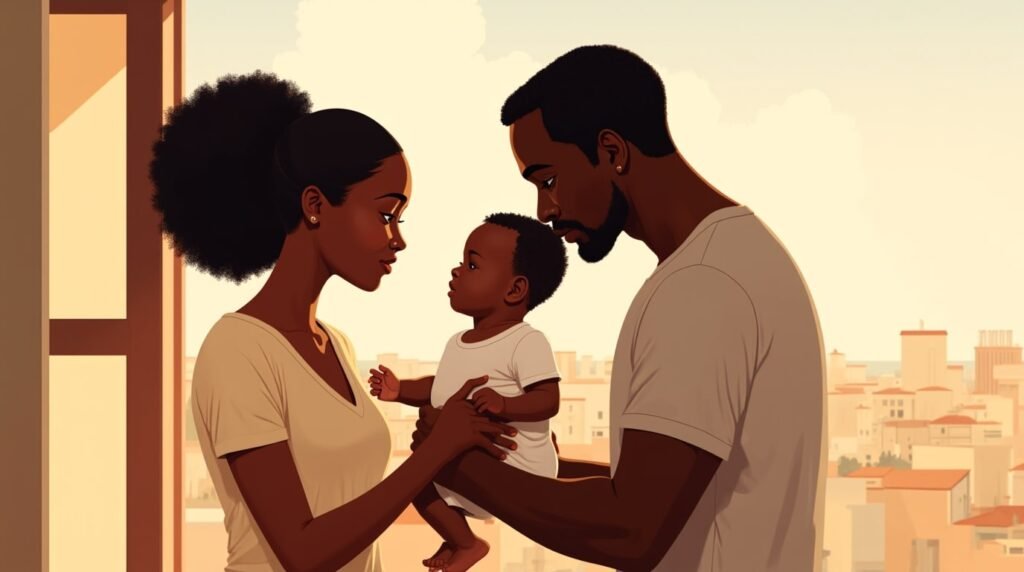 Un couple ivoirien serre tendrement son enfant dans ses bras, avec en toile de fond un paysage époustouflant de collines verdoyantes, de rivières sinueuses et de temples majestueux caractéristiques de la Côte d'Ivoire.
