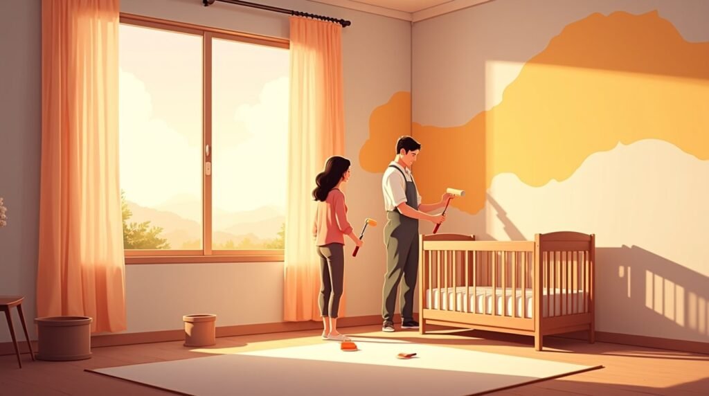 Un couple vietnamien plein de tendresse décore la chambre de leur futur bébé avec des lanternes en soie, des mobiles de papier et des motifs traditionnels, sous les rayons doux du soleil de Huế.