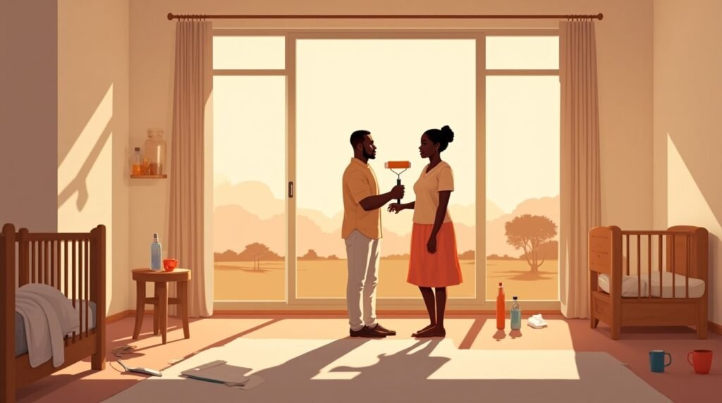 Deux futurs parents ivoiriens rient en accrochant des guirlandes artisanales dans une chambre ensoleillée, avec un berceau en bois décoré de gravures inspirées des masques sénoufos.