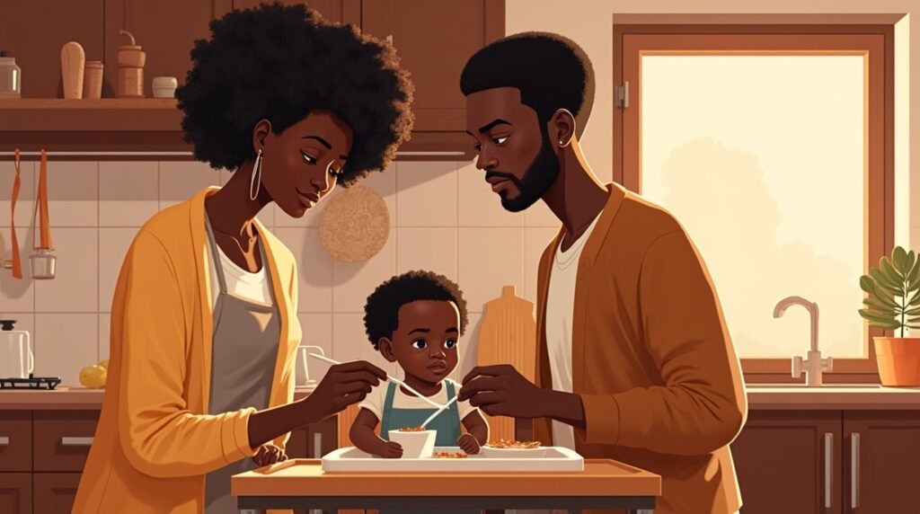 Dans une cuisine moderne ivoirienne, un couple nourrit tendrement leur bébé, dans une ambiance chaleureuse, entourée de plats typiques comme le pho et le banh xeo, sous une lumière tamisée.